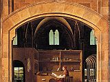 London National Gallery Next 20 02 Antonello da Messina - Saint Jerome in his Study Antonello da Messina  - St. Jerome in his Study, 1475, 46 x 36 cm. St. Jerome (347-420) was a monk and a scholar who compiled the standard Latin translation of the Bible. We see him as a dignified scholar dressed in a cardinal�s red robes, sitting in a snug wooden study erected in a Gothic building. A tame lion is shown in the shadows to the right, representing the legend of Jerome extracting a thorn from a lion�s foot. The painting shows the effects of light as it streams in from the viewer�s space through the opening in the foreground, and through the windows behind him, casting sharp or graduated shadows, reflecting from different surfaces, and illuminating the landscape beyond the lower windows and the distant sky above. Birds wheel in the sky and settle on the window ledges, figures row a boat on the river, and there is a walled city with gentle mountains rising beyond.